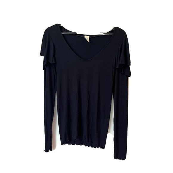 We The Free Womens Long Sleeve Ruffle Scoop Neck Knit PulloverTop Black Sz Med - Picture 1 of 7
